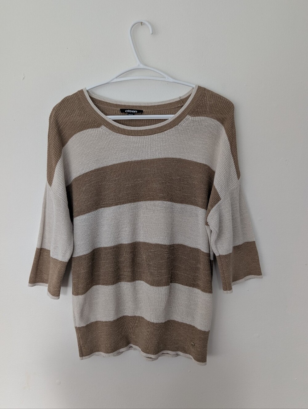 Olsen Striped Cotton Linen Knit Sweater Top Beige Cream Minimalist Old Money XS